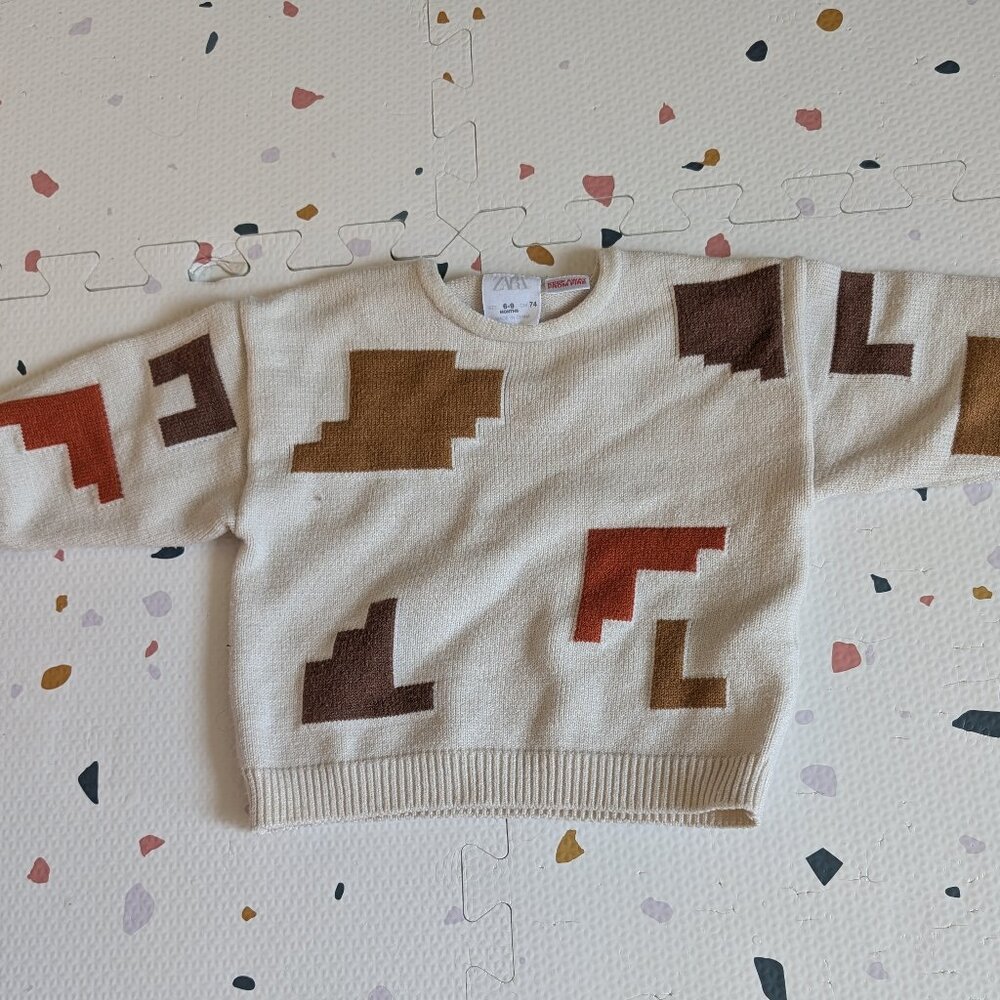 6–9M Zara Geometric Knit Sweater – Cream with Rust & Brown Accents
